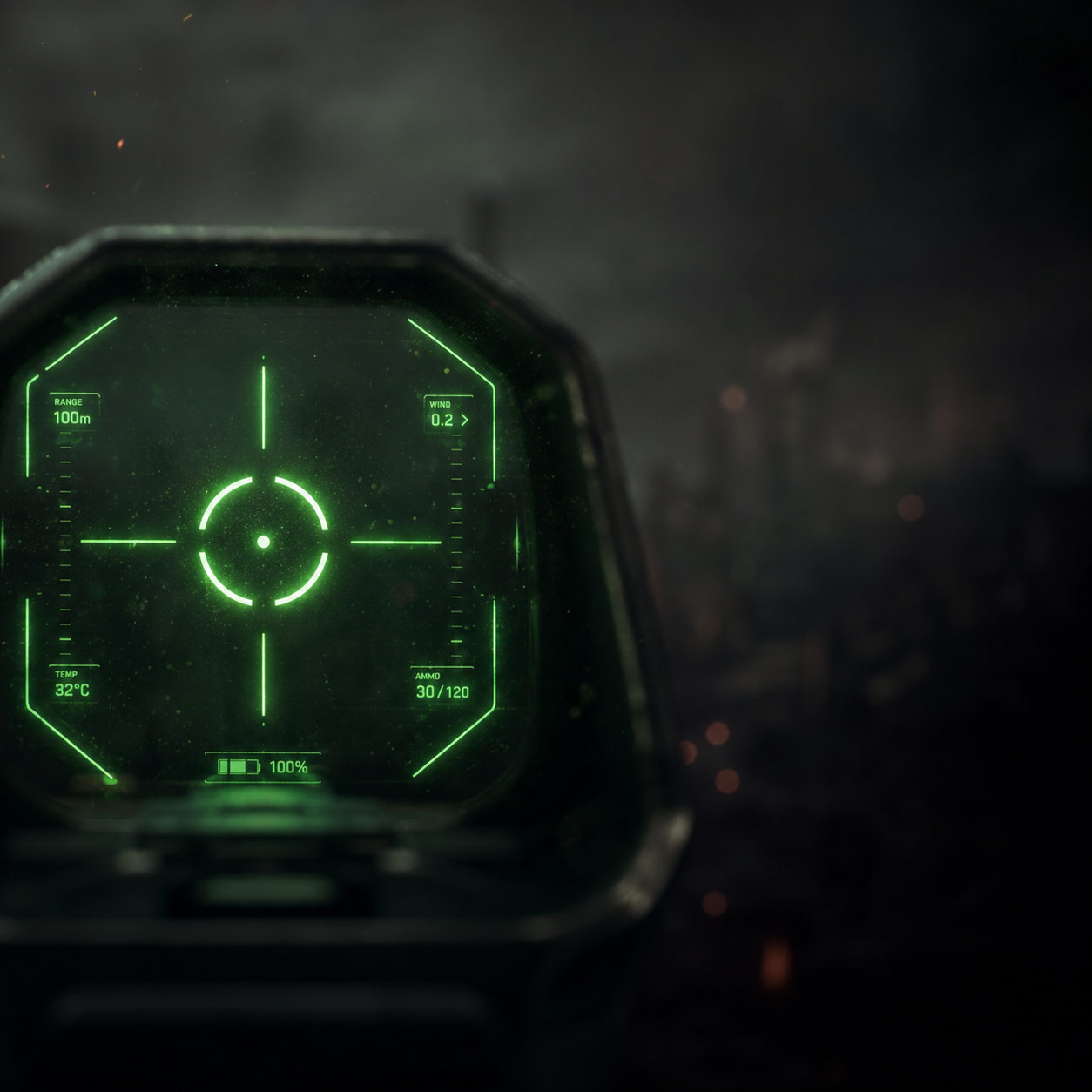 Ilustração de mira holográfica representando o aimbot configurável do Shield Menu para Warzone