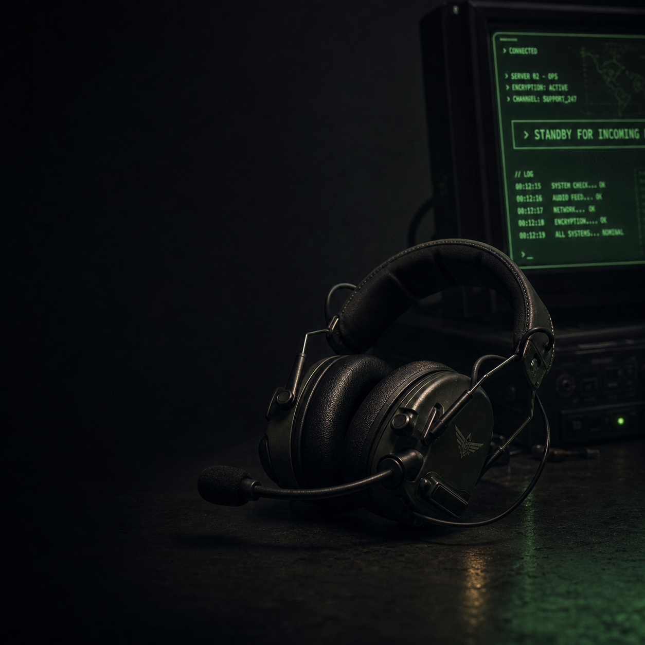 Terminal de suporte em ambiente escuro representando o atendimento 24/7 do Shield Menu